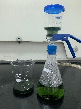 Vacuum filtration of a green leachate into a flask, beside a beaker of leachate