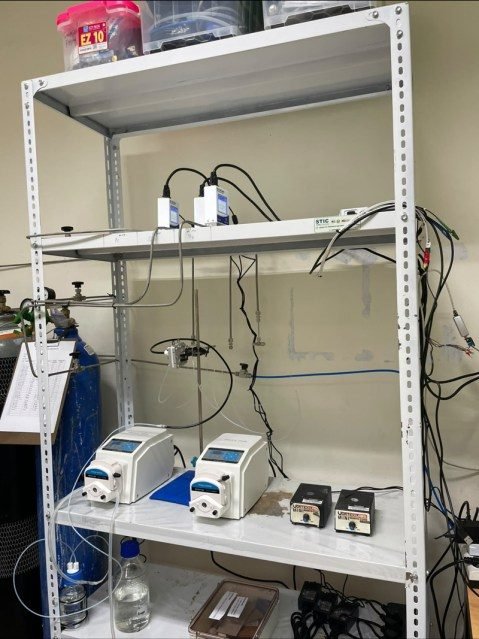 CO2 electrolysis test rig with pumps and flow cells on a laboratory shelf