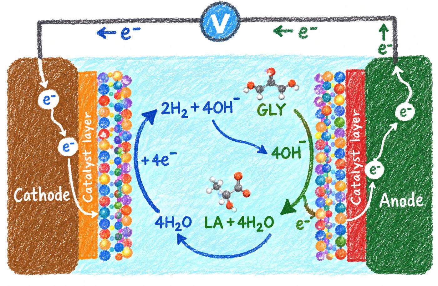 Drawing of the electrochemical cell. At the anode, glycerol is oxidized to lactic acid on a catalyst layer. At the cathode, water is reduced to hydrogen. Electrons travel through the outer circuit and hydroxide ions through the electrolyte.